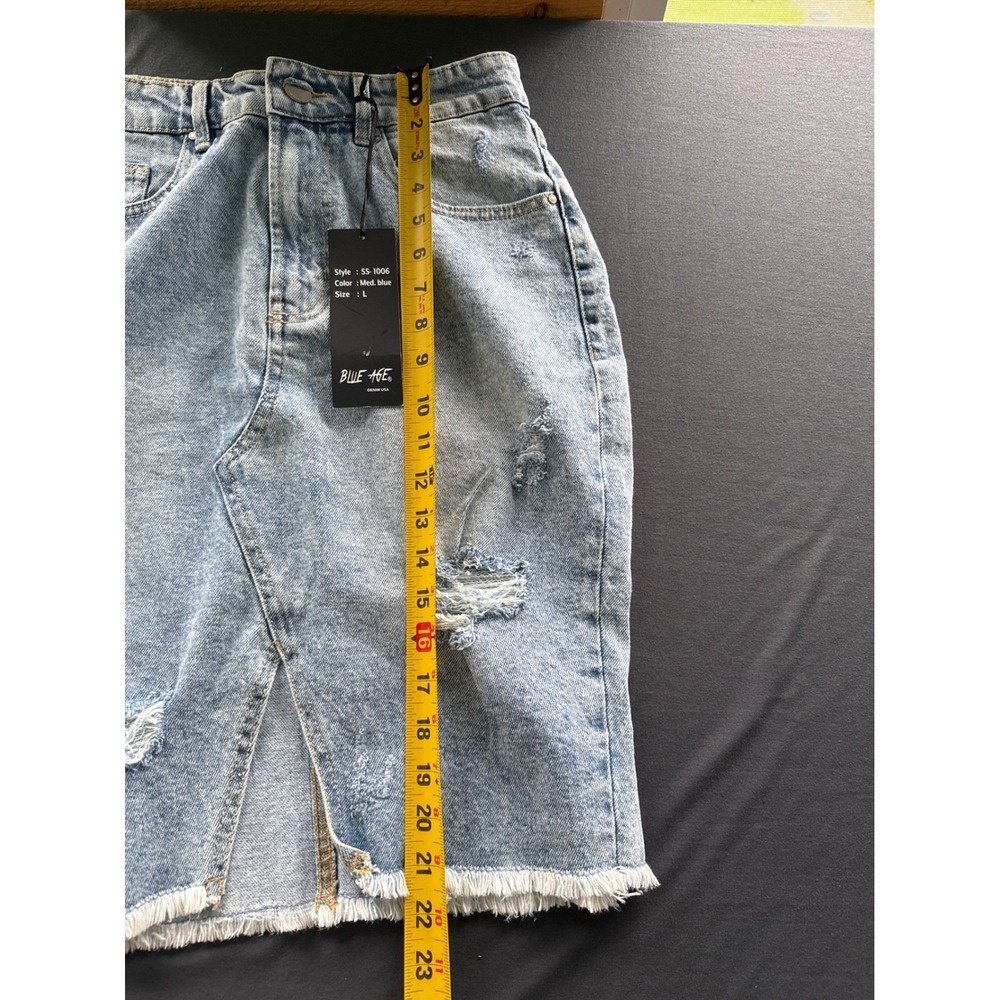 Blue Age Distressed Denim Skirt Medium Blue Wash Raw Hem M - Picture 2 of 5